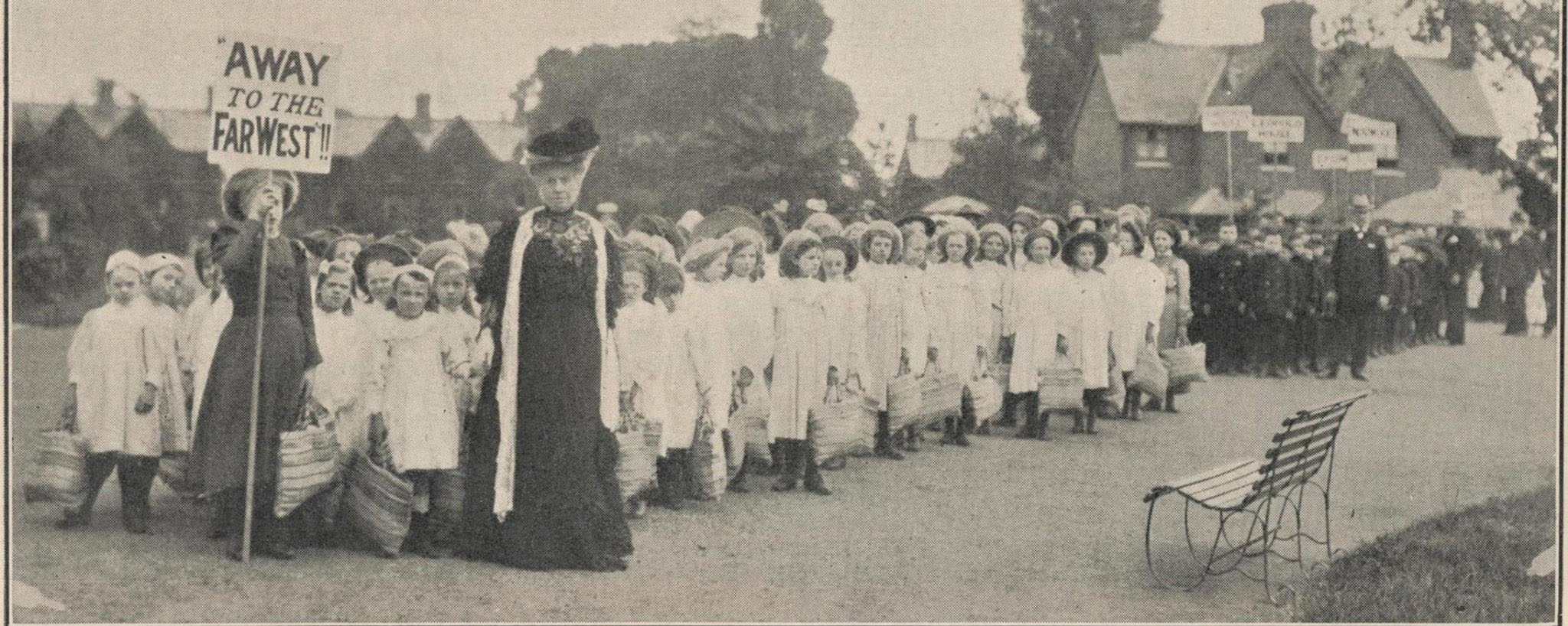 20 July 1907 Dr. Barnardo Immigration Party at Barkingside, England. Mrs. Barnardo is the lady at the front. An Image